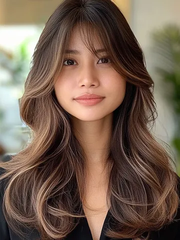 35 Curtain Bangs with Layered Long Hair : Natural Brunette with Soft ...