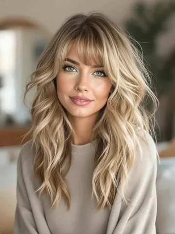 this hairstyle features soft flowing blonde waves paired wit
