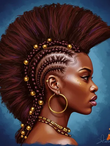 a woman in profile with a mohawk hairstyle braids gold beads