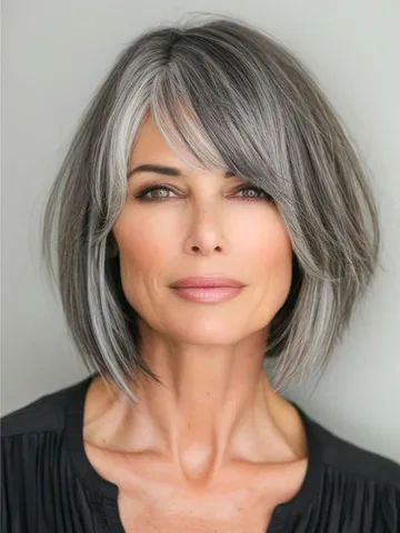 a smoky salt and pepper bob combines the edge of sharp angle