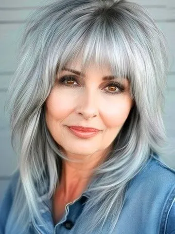 mid length gray layers with bangs hairstyle on a smiling wom