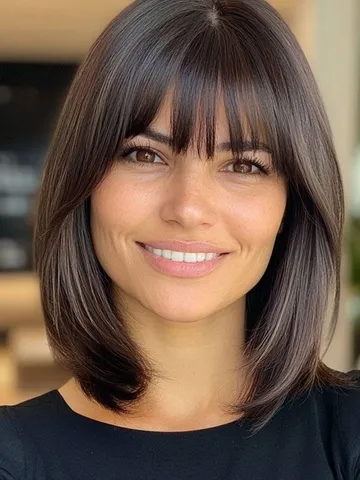 30 long bob hairstyles with fringe for women over 50 sleek c
