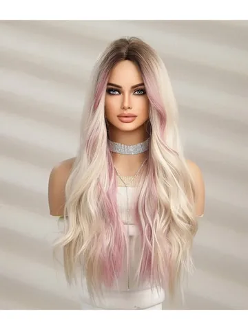 Blonde Synthetic Brown Mixed Pink Blond Long Wavy Wigs with Bangs ...
