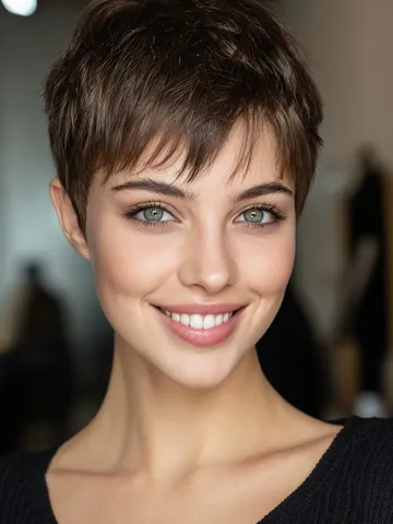 rich brunette modern textured very short pixie haircut with