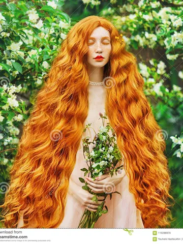 young beautiful red haired girl with very long curly hair wi