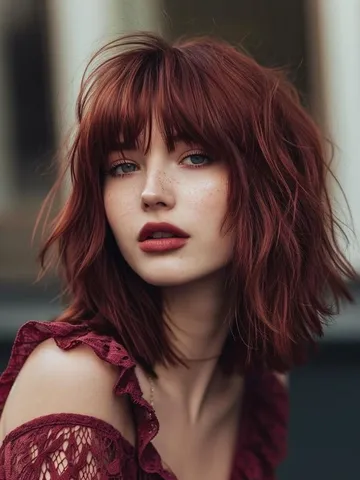 rich burgundy red shaggy lob with bangs short hair with bang