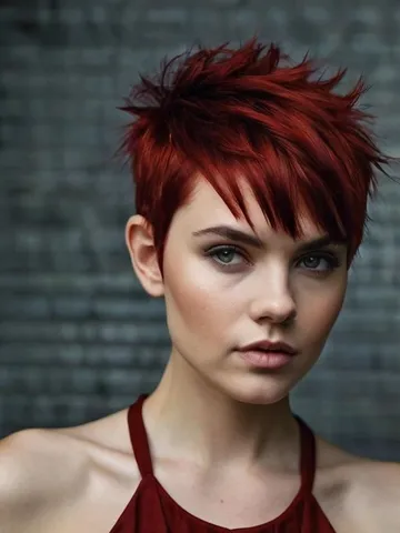 a bold pixie cut in a striking red color featuring spiky tex
