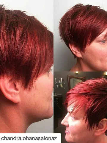 edgy red pixie cut and color by chandra at ohana salon