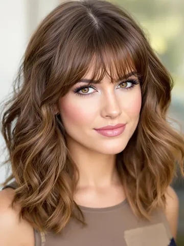 This chic layered haircut features textured layers and soft bangs for a ...