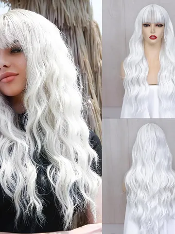Amazon.com : Angzon White Wig With Bangs Long Curly Wavy White Wigs for ...