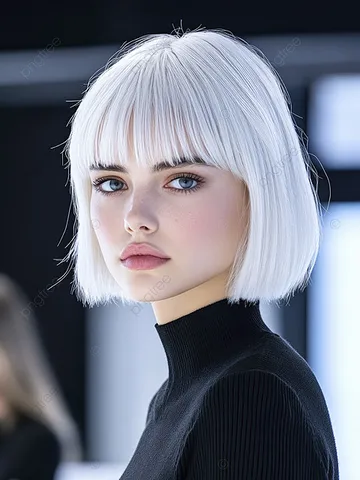 A Beautiful Model With White Hair And Bangs Walks On The Runway In ...