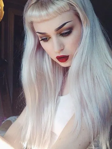 Long white blonde hair with baby bangs