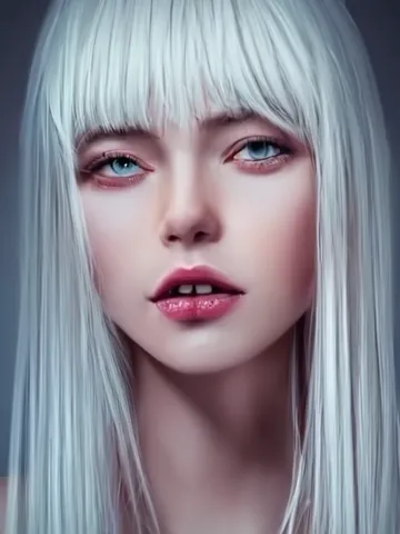 Portrait of beautiful young woman with long white hair and blunt bangs ...