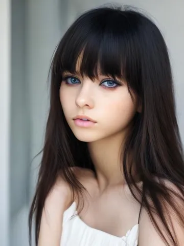 long bangs hair, white skin, beautiful eye, woman