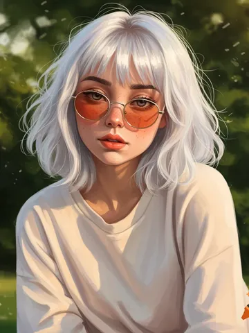 Illustrated portrait of a girl with white hair, bangs, orange-tinted ...