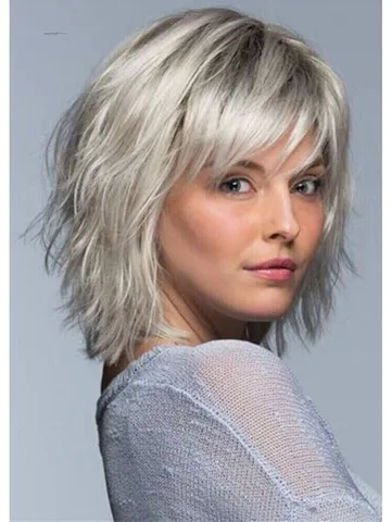 short layered hairstyle women s white blonde natural straigh